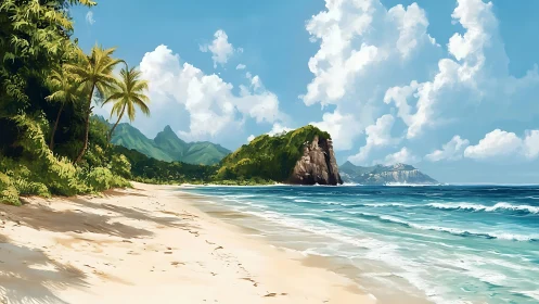 Tropical Island Beach with Mountains and Palm Trees