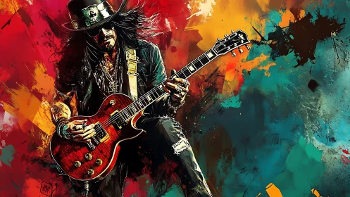 Electric rock guitarist shreds before explosive abstract backdrop