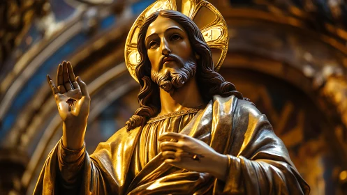 Gilded religious statue with halo in ornate interior setting.