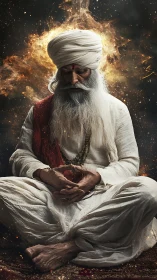 Mystic elder meditates amid swirling cosmic fire aura.