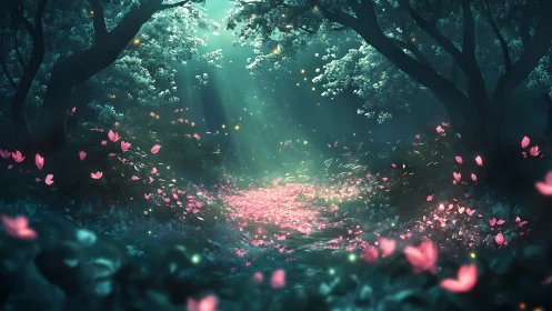 Enchanted Forest Glade with Luminescent Particles and Petals