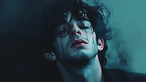 Brooding youth sinks into teal dusk, tears tracing cheeks.