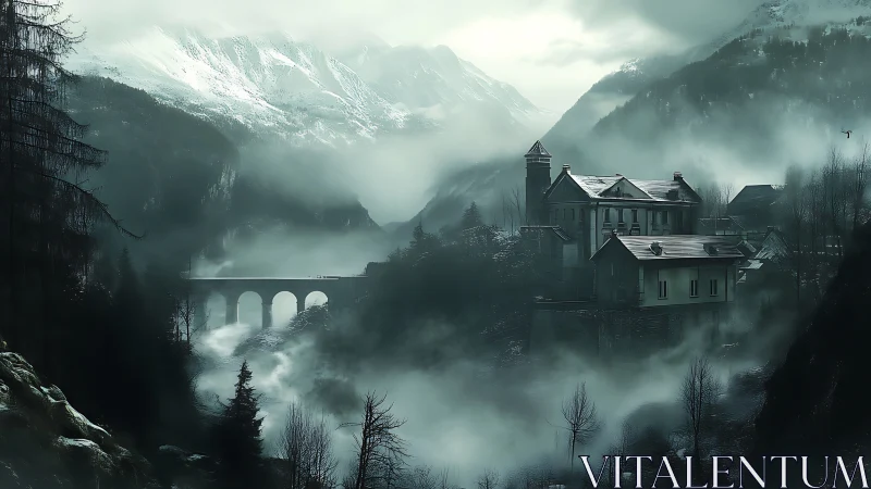 Mountain village in dense valley fog with distant viaduct.