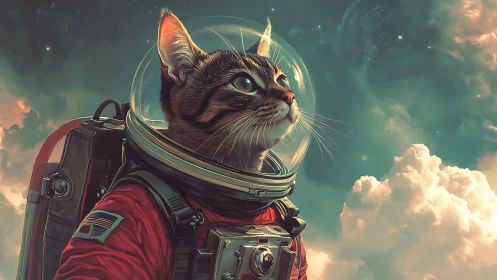 Heroic space cat gazes past glowing clouds into deep cosmos