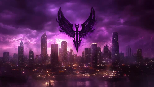 Violet winged sigil dominating storm-lit futuristic skyline.