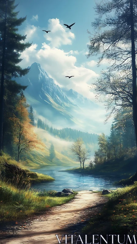 Atmospheric alpine valley with river, conifers, and raptors in flight.