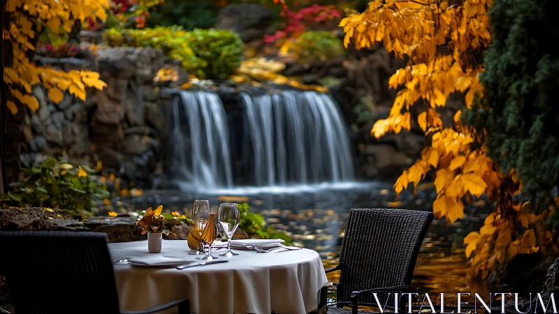 Autumn waterfall dinner nook wrapped in golden twilight hush.