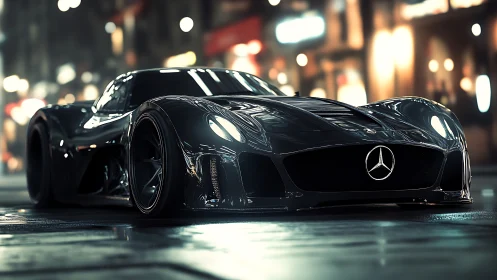 Low-slung Mercedes hypercar rendering on wet neon city street
