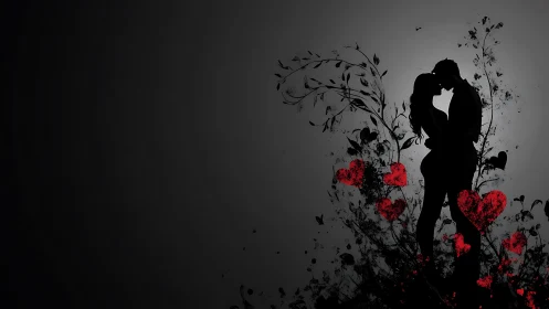 Silhouetted Romance Among Scattered Red Hearts.
