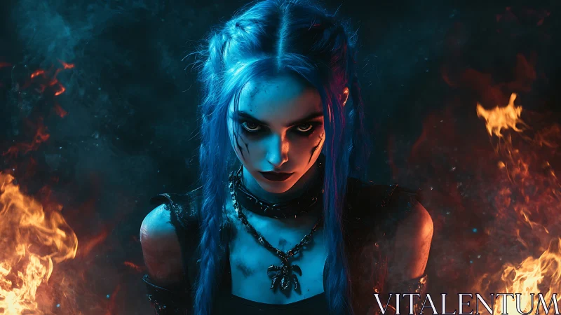 Blue-haired warrior stares forward amid balanced surrounding fire.