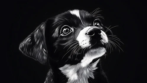 Moonlit puppy portrait in luminous black and silver lines.