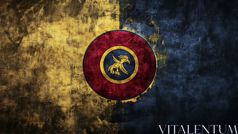 Grunge heraldic emblem on split gold and navy field.
