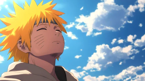 Sunlit dreamer closes his eyes beneath roaming summer clouds