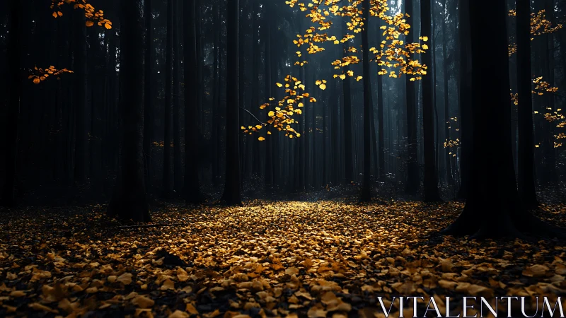 Autumn Forest Path with Golden Fallen Leaves