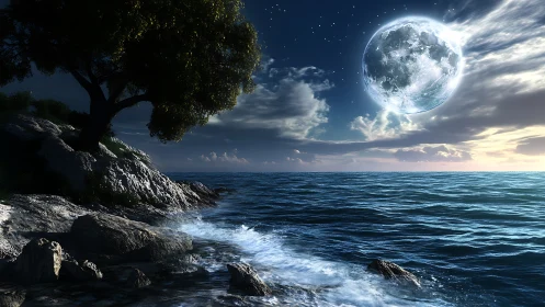 Luminous oversized moon over wave-lashed rocky coastline at dusk