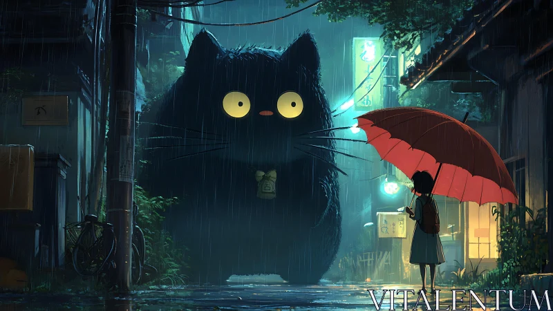 Giant black cat meets child with red umbrella in neon rain.
