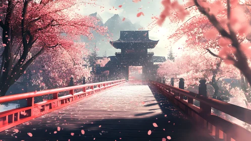 Blossom bridge to a misty temple of drifting petals.