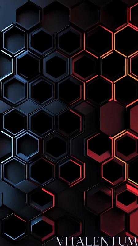 Dark hexagon grid with blue and red neon edge lighting.
