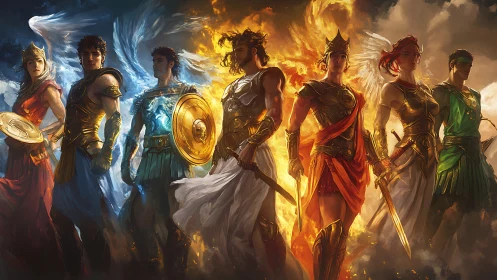Mythic warriors aligned with elemental light and flame.