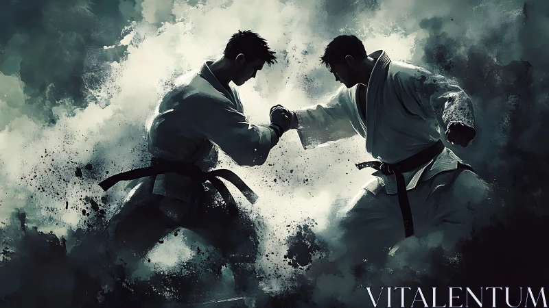 Dynamic martial artists clash amid abstract ink explosions