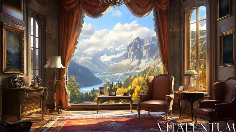 Opulent salon framing alpine lake through panoramic window.
