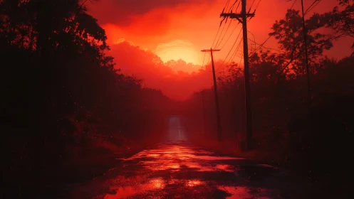 Rural road with power lines under intense red sunset sky.