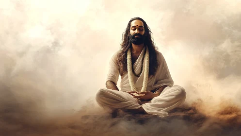 Meditative figure seated in mist with neutral warm lighting.