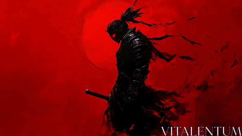 Armored shadow samurai stands against saturated red void