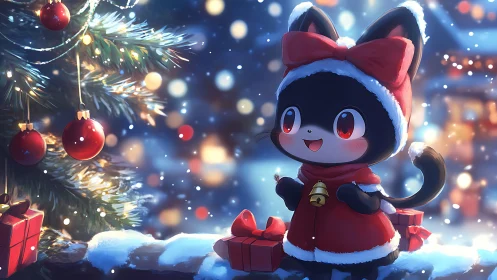 Black cat character in red winter outfit near decorated tree.
