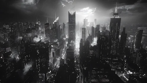 Noir megacity skyline in high-contrast digital rendering.