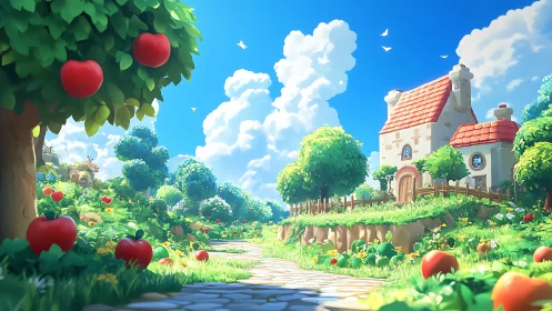 Sunny cottage orchard with vibrant apples and cobblestone path.