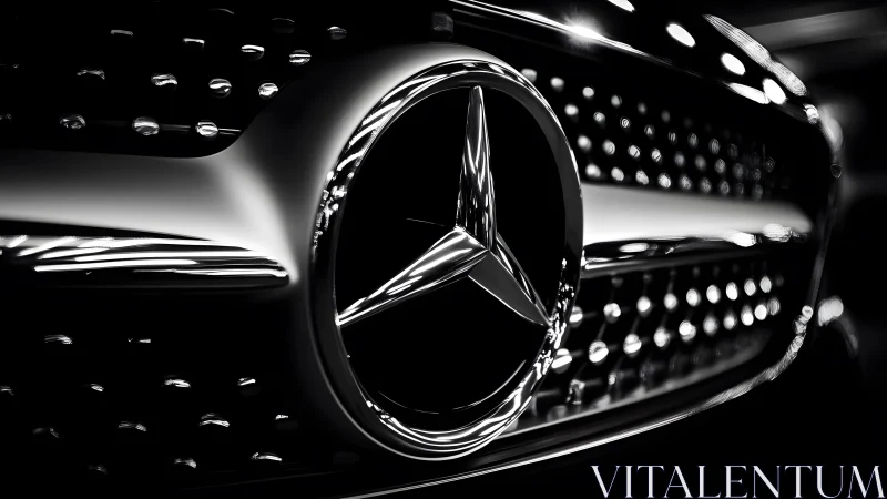 Close-up of Mercedes-Benz emblem on luxury car grille, modern style.