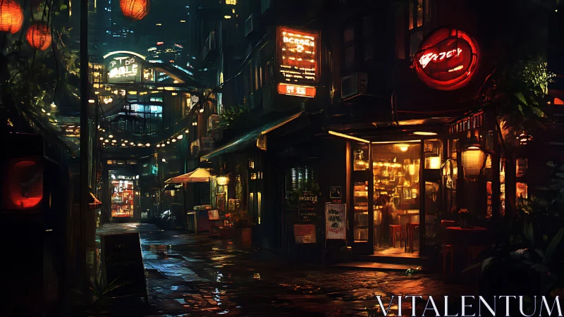 Nighttime urban alley with illuminated storefronts and signs.