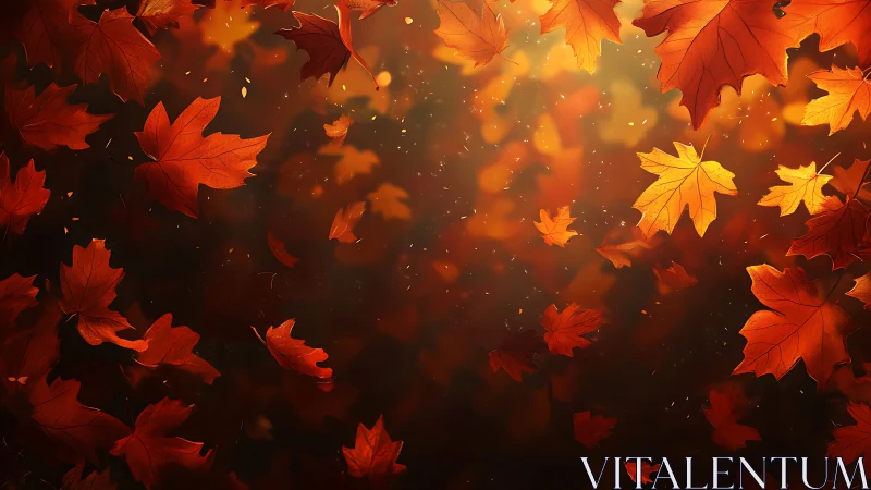 Radiant volumetric cascade of drifting autumn maple leaves.