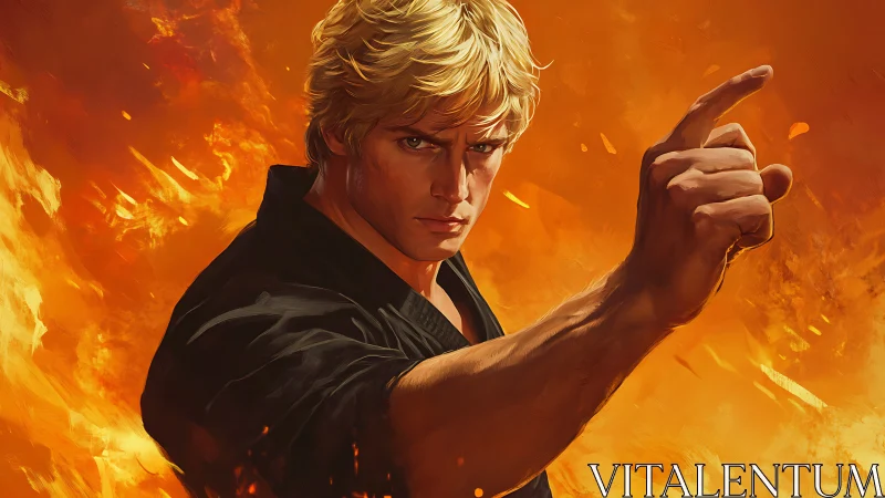 Blond martial artist points forward in fiery scene.