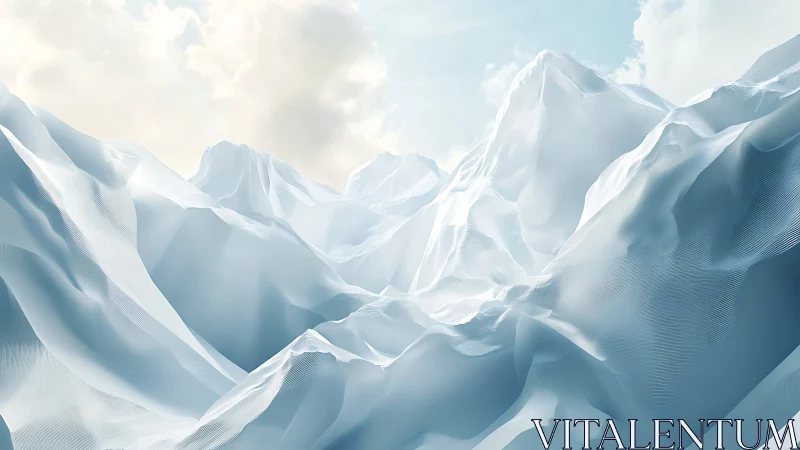 Algorithmic snow mountain landscape rendered in soft volumetric light