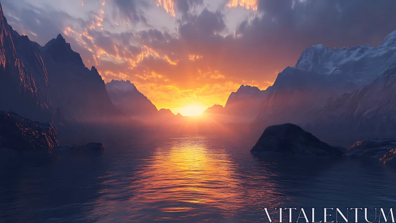 Sunset over mountain fjord with reflective water surface.