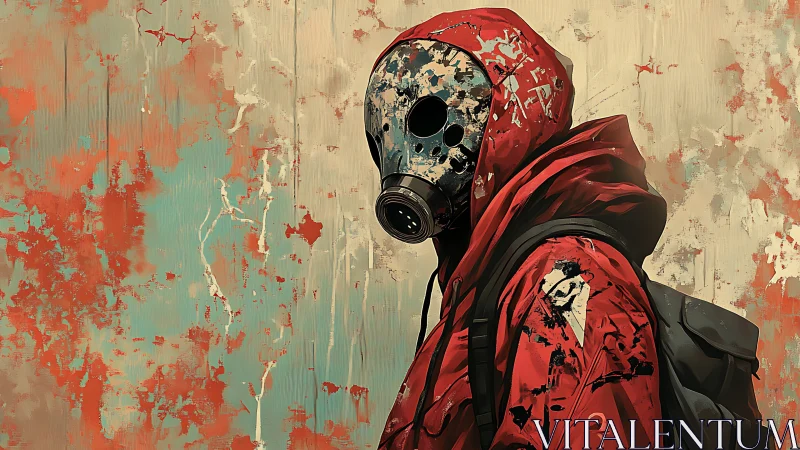 Hooded wanderer in cracked gas mask against peeling chaos.