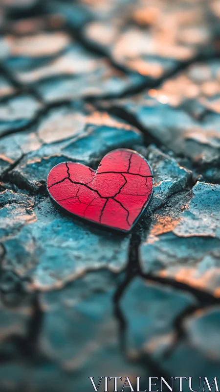Cracked Red Heart on Fractured Blue Terrain.