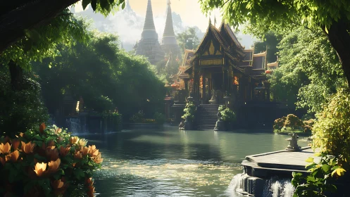 Sunlit temple lagoon cradles golden spires in lush silence.