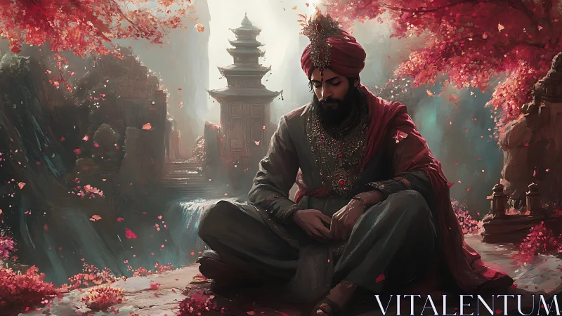 Seated robed figure in ornate attire within red forest temple.