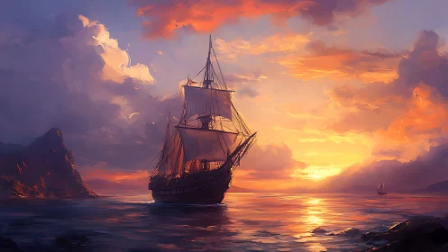 Triply masted sailing vessel against radiative sunset skyscape.
