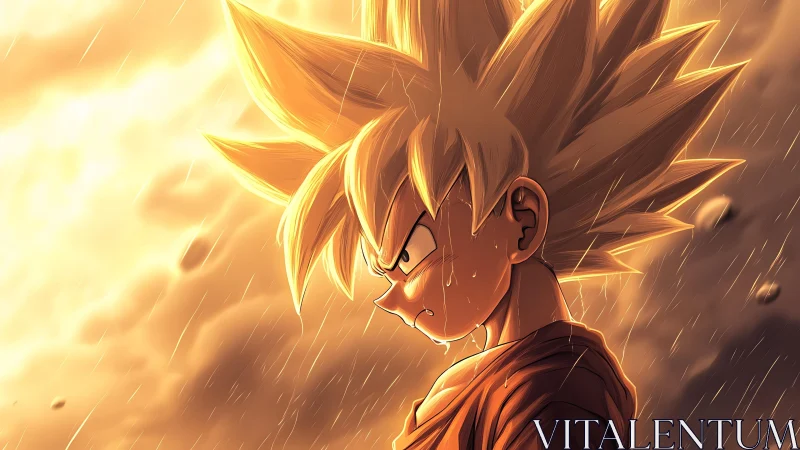 Storm-lit warrior kid glaring through molten rain glare.