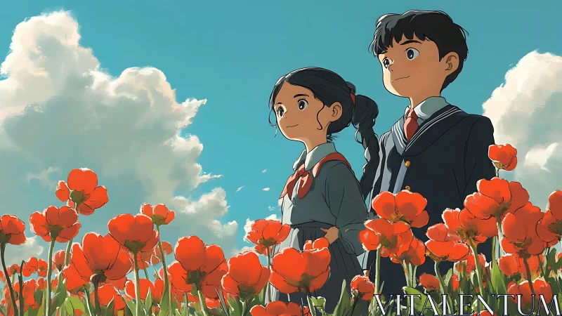 Schoolchildren stand in sunlit poppy field under clouds.