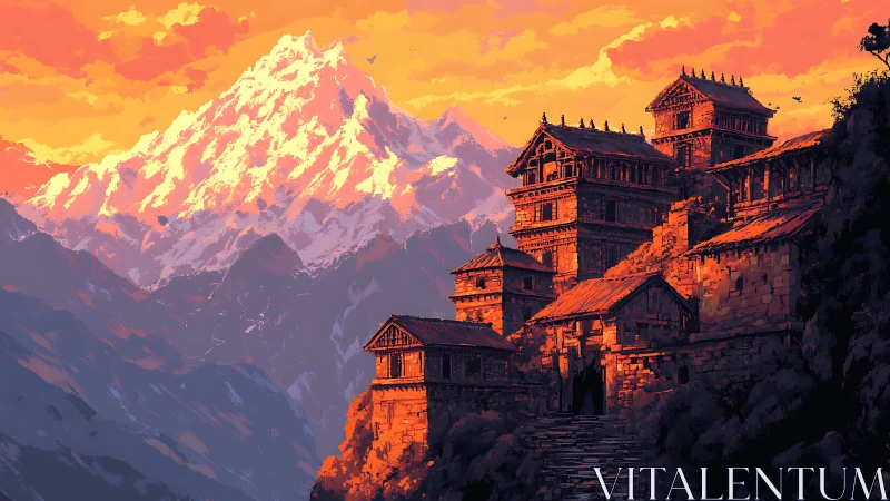 Mountain fortress complex overlooks sunlit snowy peak