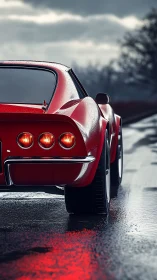 Classic red sports coupe glows on rain slicked highway.
