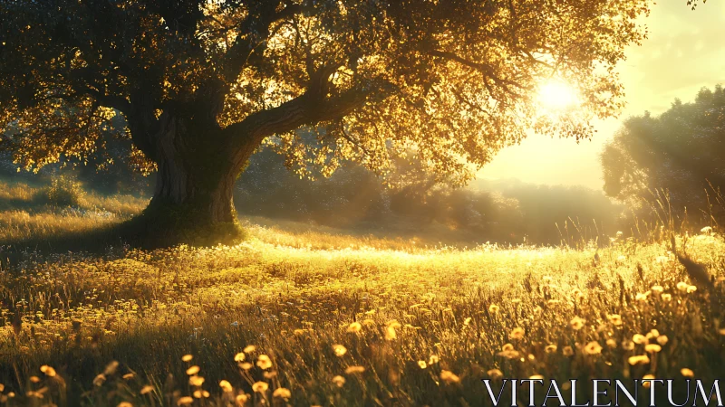 Sunlit meadow with solitary broad tree at low horizon sun.