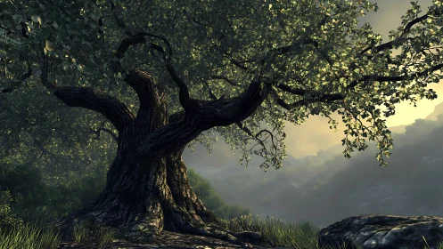 Low-angle render of gnarled tree under volumetric sunrise light