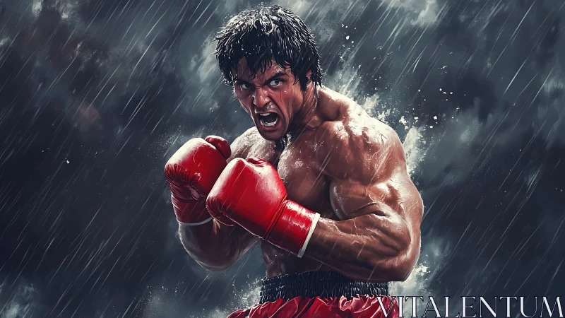Boxer in Rain. Fierce determination, red gloves raised.