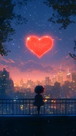 Silhouetted figure gazes at neon heart over city skyline.